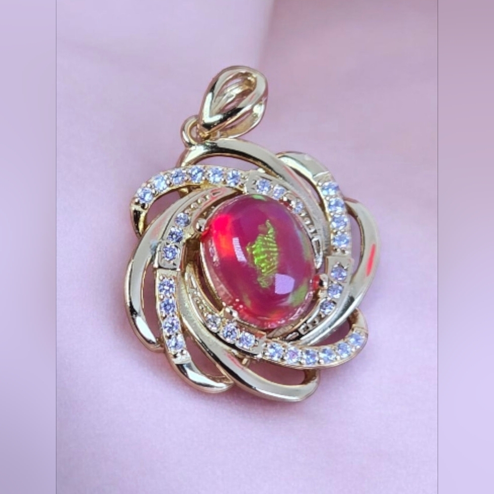 925 Sterling Silver 14K Yellow Gold Plated Pendant with Natural Red Opal & Cz - Picture 4 of 8